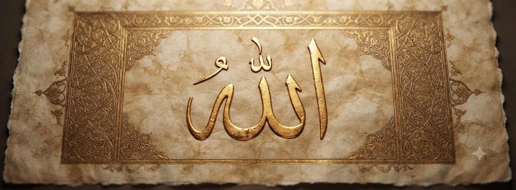 The name Allah (الله) in high-resolution Thuluth Arabic calligraphy with ornate gold border on parchment