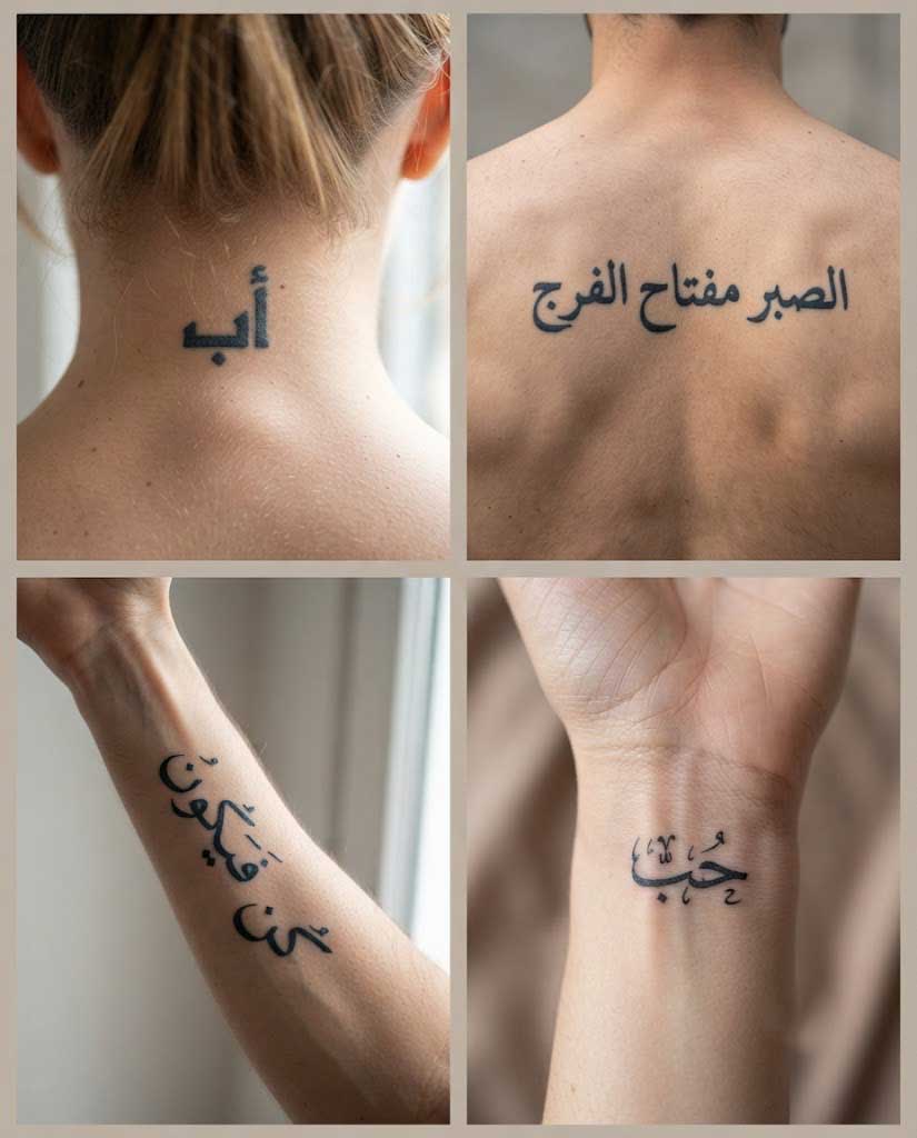 Four Arabic tattoo designs shown on different body placements — back, neck, spine, and hand — illustrating how design shape follows body geometry