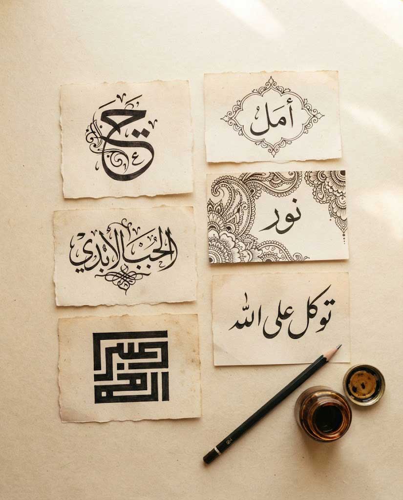 Six Arabic calligraphy tattoo design sketches on parchment — a reference sheet of design directions suited to small placements