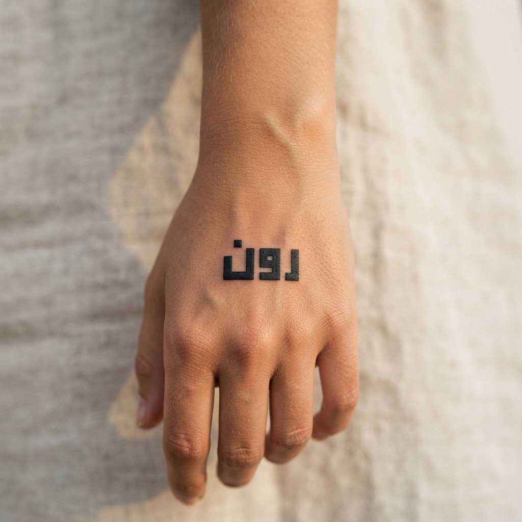 Nur (light) Arabic tattoo in Kufic calligraphy on hand