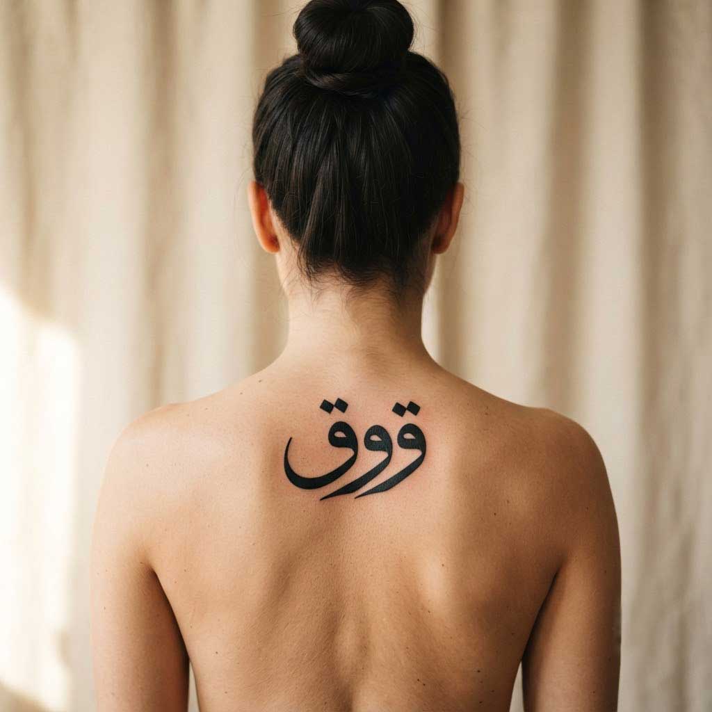 Quwwa (strength) Arabic back tattoo in Thuluth calligraphy