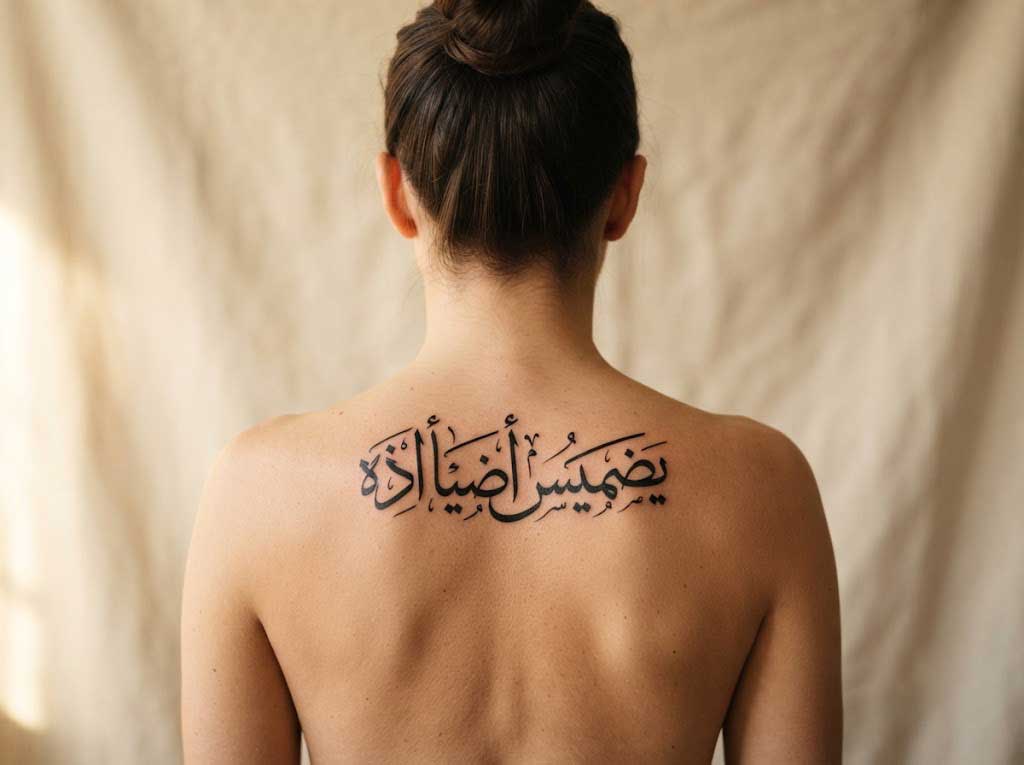 This too shall pass — Arabic phrase tattoo in Diwani calligraphy on back