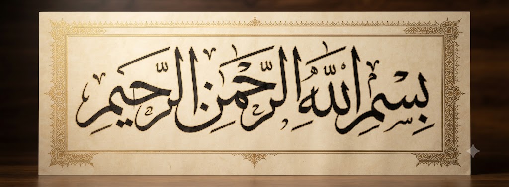 Bismillah al-Rahman al-Rahim (بسم الله الرحمن الرحيم) full phrase in high-resolution Thuluth Arabic calligraphy with ornate gold border on parchment